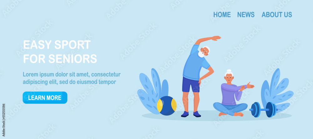 Senior couple doing fitness exercises, yoga at home, practicing meditation. Grandparents doing sport workout. Physical activity and health care for elderly people. Stretching, lotus pose