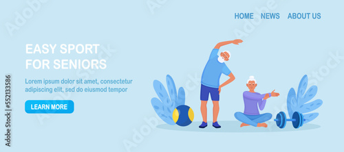 Senior couple doing fitness exercises, yoga at home, practicing meditation. Grandparents doing sport workout. Physical activity and health care for elderly people. Stretching, lotus pose