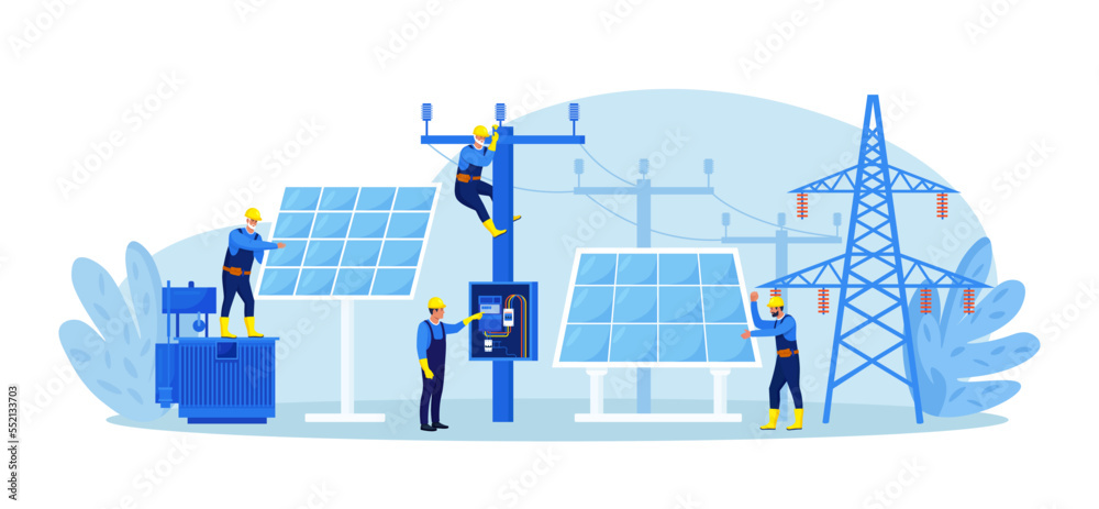 People install, configure solar panel system. Utility workers repairing electric installations, power lines. Green renewable energy, global warming, environment. Generate energy equipment maintenance - obrazy, fototapety, plakaty 
