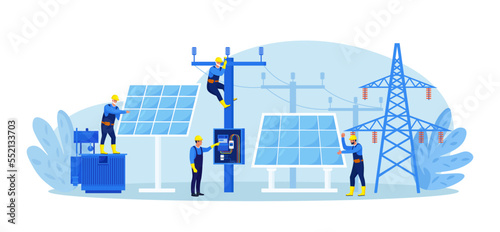 People install, configure solar panel system. Utility workers repairing electric installations, power lines. Green renewable energy, global warming, environment. Generate energy equipment maintenance