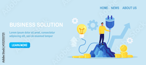 Businessman standing on rock, holding electrical plug with cord, turn on light bulb. Business idea, success solution. Investment in new project development, startup. Search for ideas and brainstorming