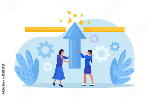 Business women try with full effort to break ceiling to growing in work. People overcoming difficulty, limits. Struggle with career obstacle, exceeding boundaries. Business progress, development