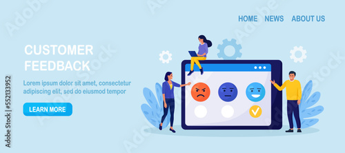 Customers Satisfaction. Feedback. Consumer opinion. Rating on Customer Service. Users Opinions with Emoticons and Checklists on Tablet. Client Choosing Satisfaction Evaluation and Leaving Review