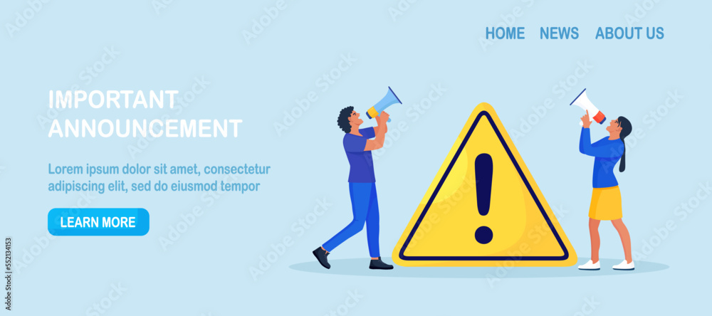Businessmen holding megaphone with important announcement. Attention or warning information. People shouting breaking news or urgent message, standing near exclamation sign. Marketing and advertising - obrazy, fototapety, plakaty 