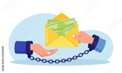 Businessmen hands in handcuffs with envelope full of money. Hidden wages, black payments, tax evasion. Anti corruption concept. Financial crimes. Man giving bribe to politician. Illegal activities