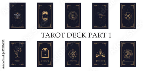 Magical tarot cards deck set. Spiritual moon and celestial eye symbols. Vector illustration. Astrology or sacred geometry poster design. Magic occult pattern, esoteric boho style. photo