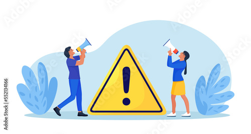 Businessmen holding megaphone with important announcement. Attention or warning information. People shouting breaking news or urgent message, standing near exclamation sign. Marketing and advertising