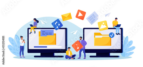 File Transfer. Two computers with folders on screen, transferred documents. Copy files, data exchange, backup. Saving document on storage. Digital data migration between devices. People sharing files