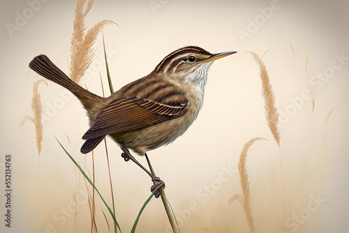 Sitting on the ground, a grasshopper frightened off this Oriental reed warbler as it searched for a meal Fototapeta