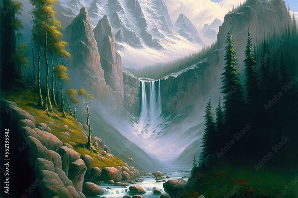 Mountain waterfall, painting.