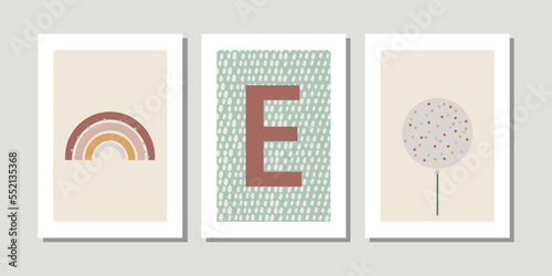 Kids, child art interior home decor. Letter E. 3 pieces frame canvas wall art. Colorful prints with shapes, Rainbow, balloon. Element for design. Three vertical frame posters on floor with white walls