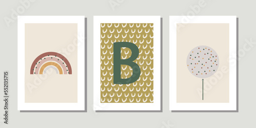 Kids, child art interior home decor. Letter B. 3 pieces frame canvas wall art. Colorful prints with shapes, Rainbow, balloon. Element for design. Three vertical frame posters on floor with white walls