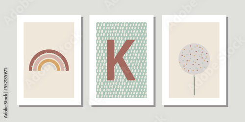 Kids, child art interior home decor. Letter K. 3 pieces frame canvas wall art. Colorful prints with shapes, Rainbow, balloon. Element for design. Three vertical frame posters on floor with white walls
