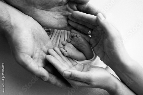 Legs, toes, feet and heels of a newborn. With the hands of parents, father, mother gently holds the child's legs. Macro photography, close-up. Black and white photo. High quality photo. 