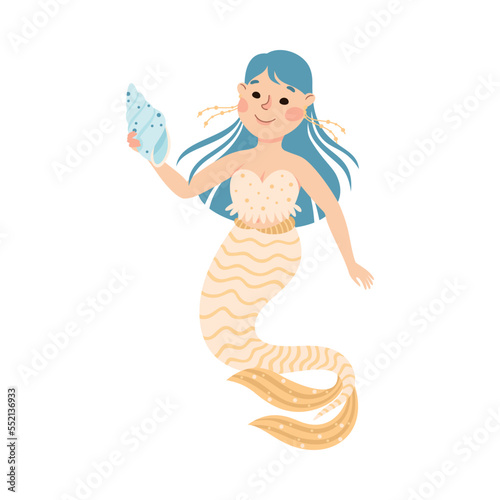 Mermaid with Wavy Blue Hair Floating Underwater with Conch Vector Illustration