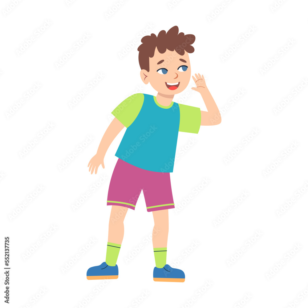 Teen cartoon boy calls a friend vector illustration. Little kid smiling and laughing, characters showing different emotions isolated on white