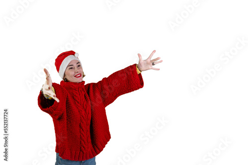 Young positive woman in christmas santa hat isolated on white background. Opening hands to receive a gift.