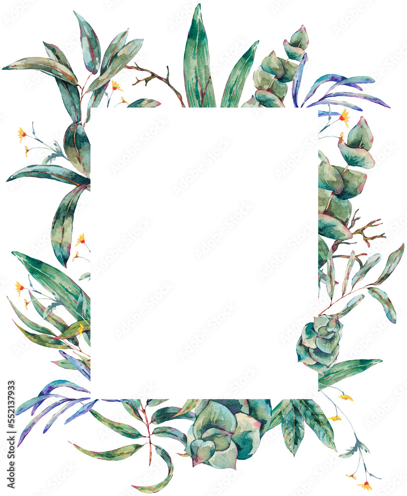 Watercolor green tropical leaves frame botanical natural vintage ...