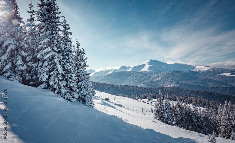 Wonderful Winter Landscape. Awesome Alpine Highlands in Sunny Day. Christmas holyday concept. Winter mountain forest. Snowy mountains and perfect blue sky. Amazing Nature background. postcard Wonderful Winter Landscape. Awesome Alpine Highlands in Sunny Day. Christmas holyday concept. Winter mountain forest. Snowy mountains and perfect blue sky. Amazing Nature background. postcard