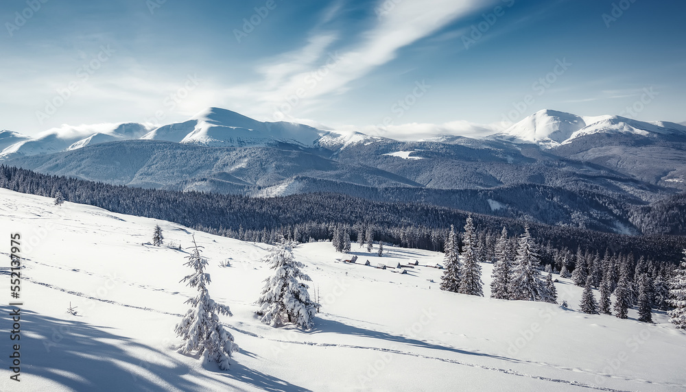 Breathtaking Winter Landscape. Sunlight sparkling in the snow. Christmas Scene with Falling snow. Holiday winter landscape background. Postcard. impressively beautiful Winter. Instagram Filter