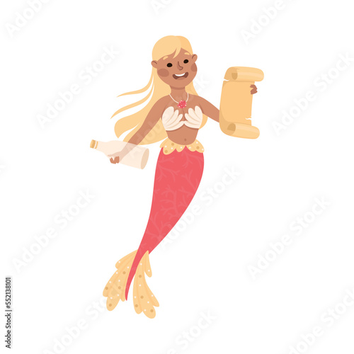 Mermaid Floating Underwater Finding Bottle with Letter Vector Illustration