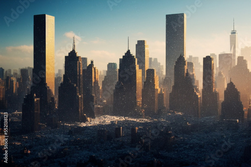Snow in New York - fantasy image, skyline with city skyscrapers.