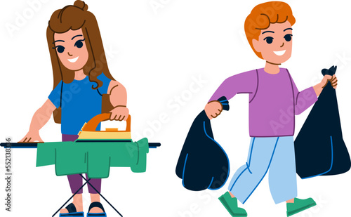household kid vector. home family, house child, children lifestyle, clean happy, housework room household kid character. people flat cartoon illustration