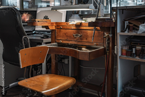 Wooden work table and jeweler's tools
