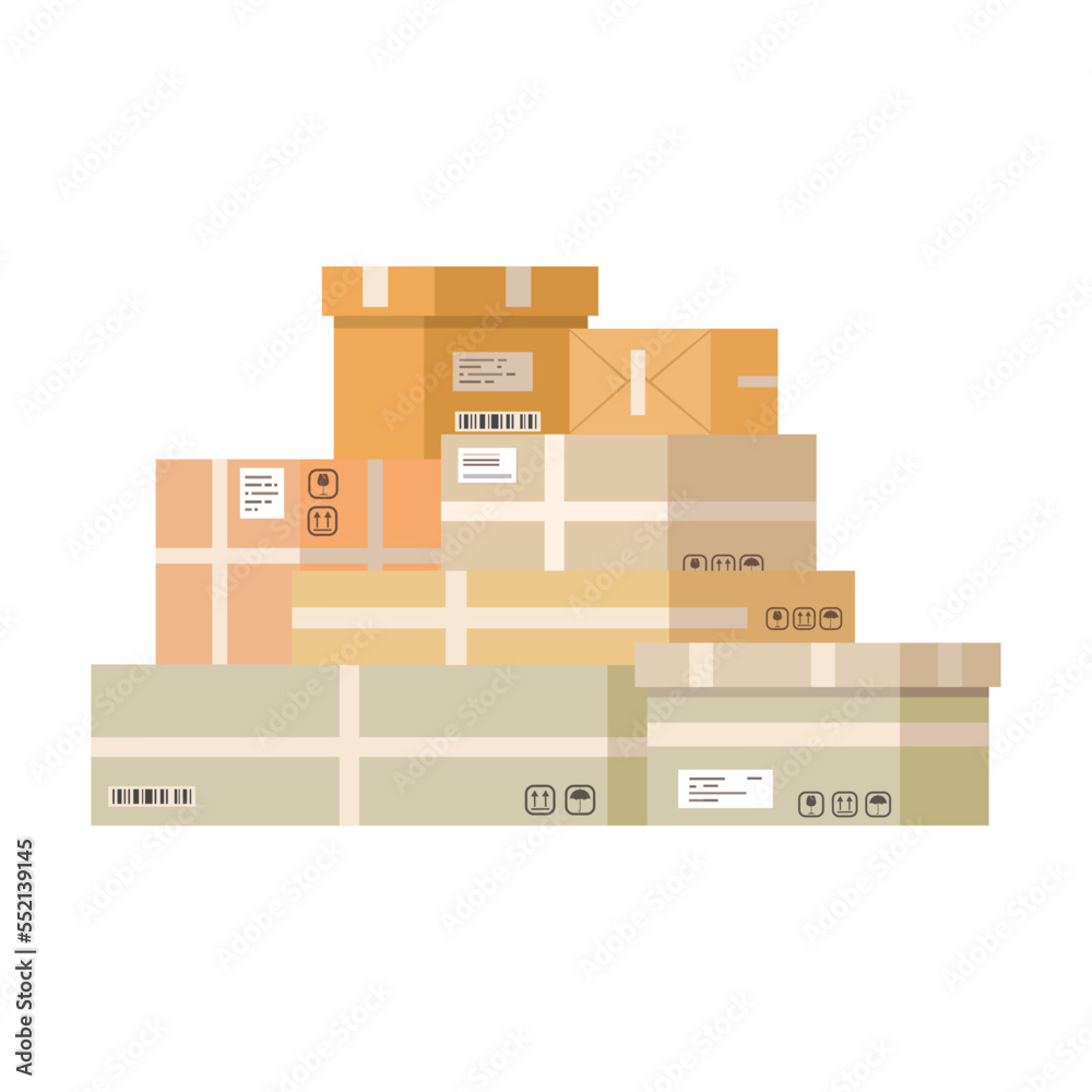 Stack of cardboard boxes with mail. Express delivery service objects illustration. Courier cartoon character isolated on white background Stack of cardboard boxes with mail. Express delivery service objects illustration. Courier cartoon character isolated on white background