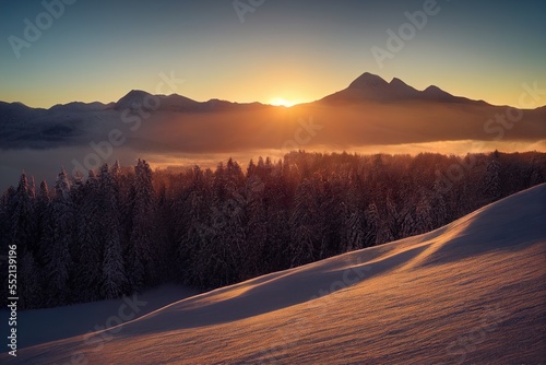 Winter landscape in sunset photo