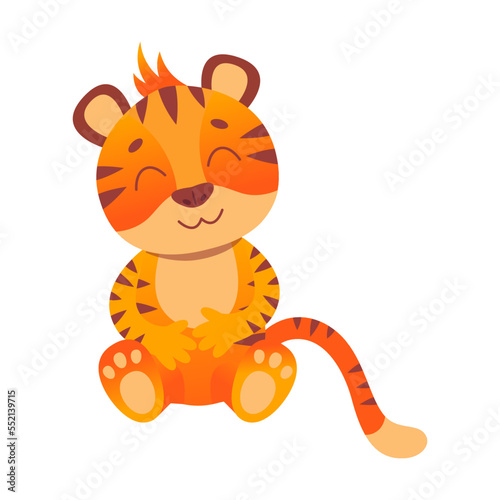Fototapeta Naklejka Na Ścianę i Meble -  Tiger character sitting and smiling vector illustration. Cute funny wild animal cartoon character smiling and waving, symbol of 2022 on white background