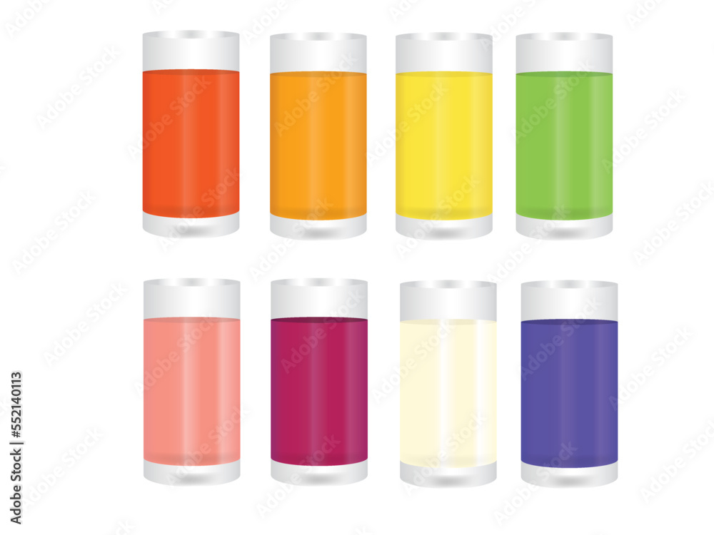 Realistic different juice glass isolated on white background.Fresh tasty smoothies.Beverage and organic drink.Vegetable and fruit.Healthy food.Detox and diet.Colorful.Mockup.Vector illustration.