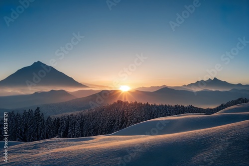 Winter landscape in sunset photo