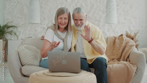 Portrait happy senior man and woman hugging talking smiling on video call use laptop waving hands. Cheerful elderly couple sits on couch. Enjoying communication. Close up
