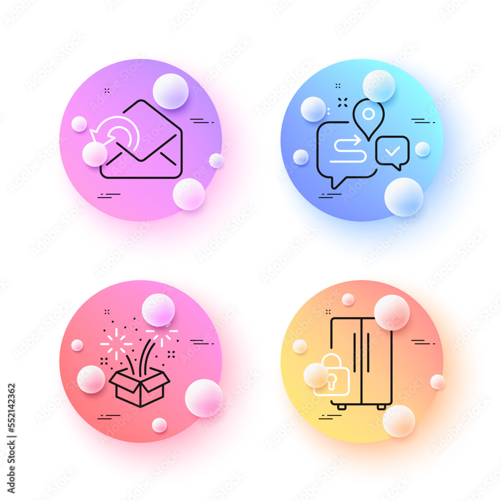 Refrigerator, Journey and Fireworks minimal line icons. 3d spheres or balls buttons. Send mail icons. For web, application, printing. Fridge lock, Trip distance, Pyrotechnic salute. Vector Refrigerator, Journey and Fireworks minimal line icons. 3d spheres or balls buttons. Send mail icons. For web, application, printing. Fridge lock, Trip distance, Pyrotechnic salute. Vector