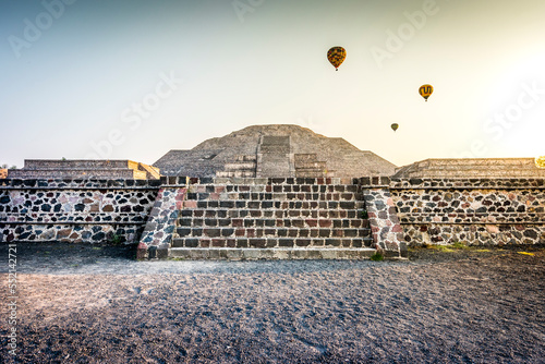 Pyramid of Sun in Teotihuacan (nahuatl name) and air hot ballons , ancient Mesoamerican city in Mexico, located in the Valley of Mexico, near of Mexico City Aztecs