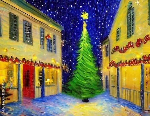 Impressionist painting of Christmas tree in a village square under starry night sky for your Christmas Card - Generative AI design © jordan