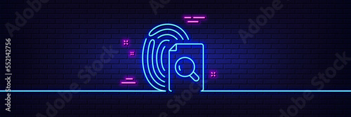 Neon light glow effect. Inspect line icon. Research documents sign. Search file symbol. 3d line neon glow icon. Brick wall banner. Inspect outline. Vector