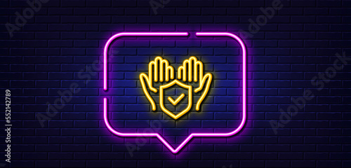 Neon light speech bubble. Insurance hands line icon. Risk coverage sign. Policyholder protection symbol. Neon light background. Insurance hand glow line. Brick wall banner. Vector