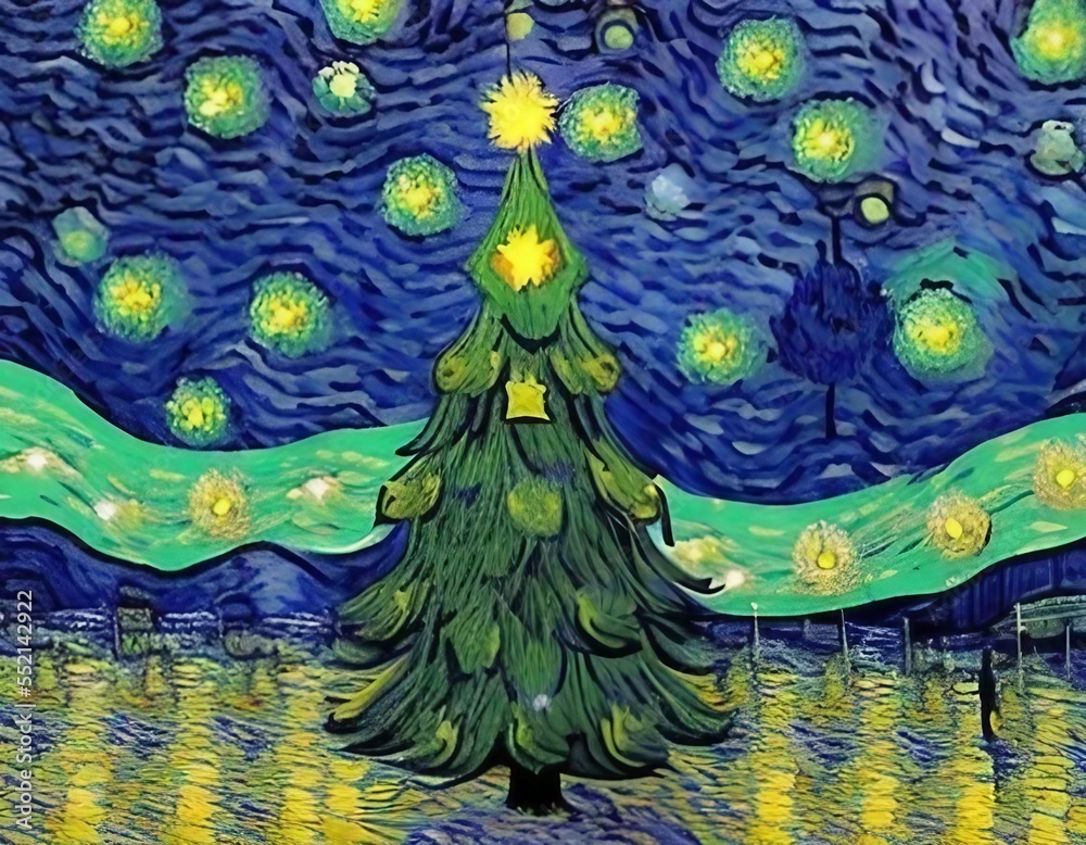 Christmas Tree in Starry Night - Van Gogh impressionist oil painting style - Generative AI Illustration