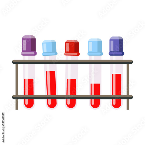 Test tubes with blood samples for analysis, medical objects vector illustration. Cute cartoon male in uniform isolated on white background