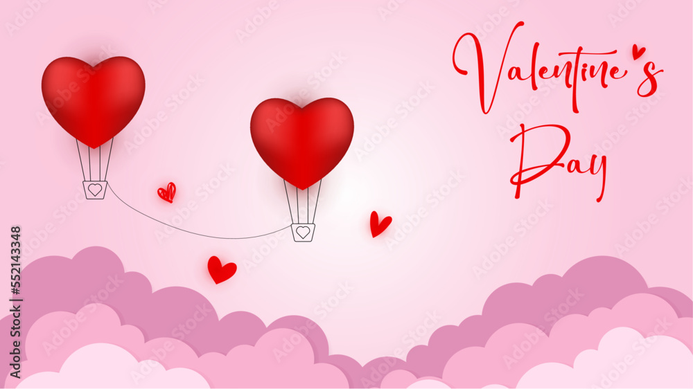 Vector love postcard for Valentine's Day with balloons connected by a rope, paper clouds and pink background