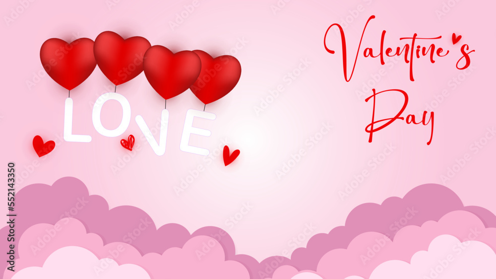 Vector love postcard for Valentine's Day with with a word love suspended on the hearts, paper clouds and pink background Vector love postcard for Valentine's Day with with a word love suspended on the hearts, paper clouds and pink background