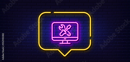 Neon light speech bubble. Repair computer line icon. Device service sign. Fix tv symbol. Neon light background. Repair glow line. Brick wall banner. Vector