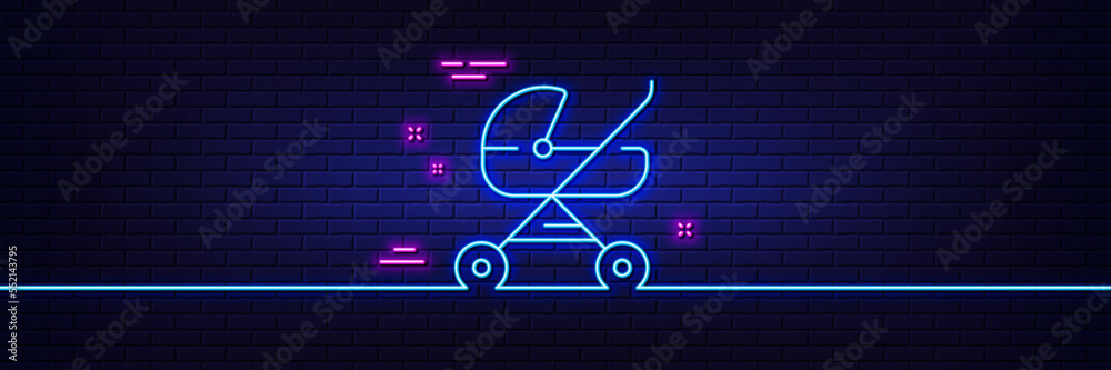 Neon light glow effect. Baby carriage line icon. Stroller trolley sign. Pram buggy symbol. 3d line neon glow icon. Brick wall banner. Baby carriage outline. Vector Neon light glow effect. Baby carriage line icon. Stroller trolley sign. Pram buggy symbol. 3d line neon glow icon. Brick wall banner. Baby carriage outline. Vector