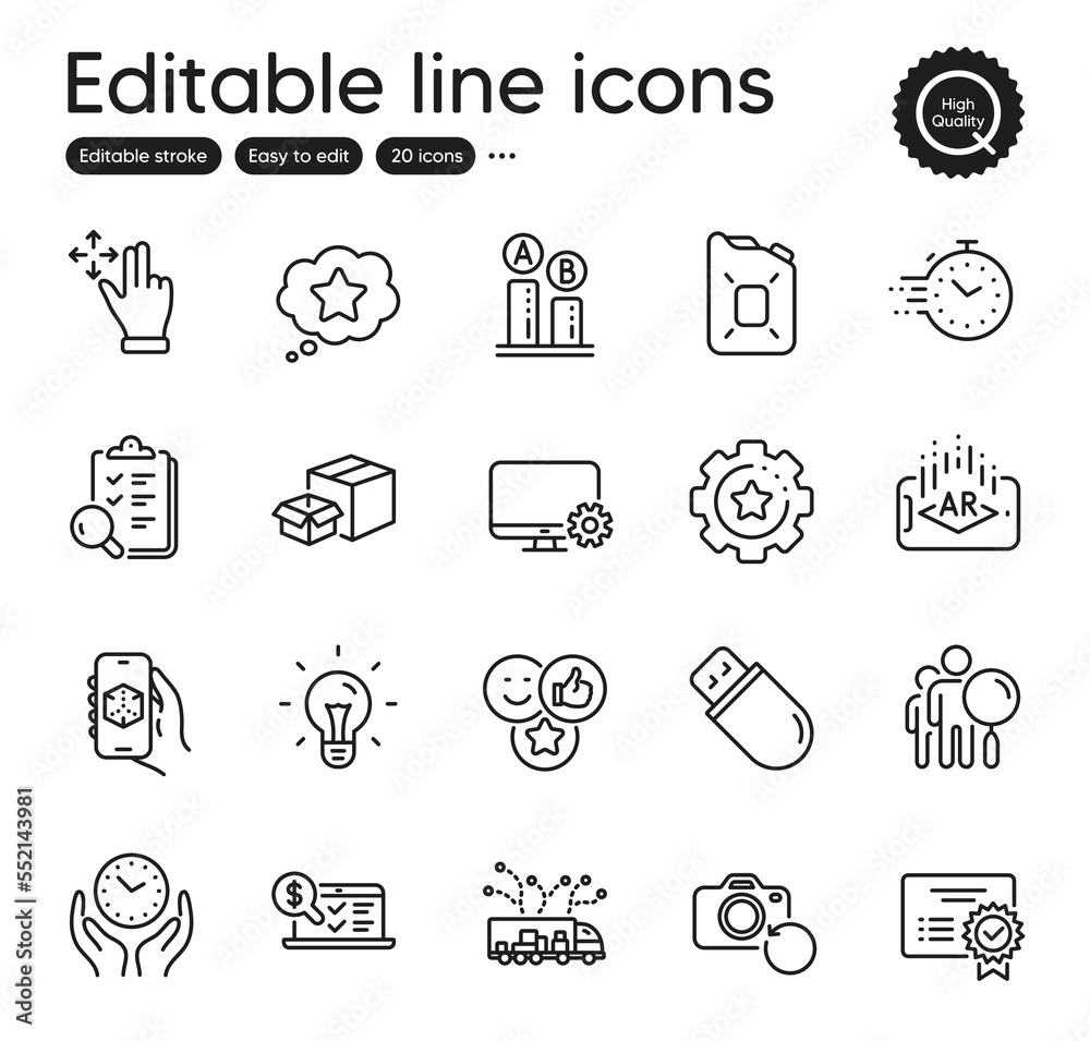 Set of Technology outline icons. Contains icons as Inspect, Certificate and Canister oil elements. Usb stick, Move gesture, Idea web signs. Timer, Truck delivery, Recovery photo elements. Vector Set of Technology outline icons. Contains icons as Inspect, Certificate and Canister oil elements. Usb stick, Move gesture, Idea web signs. Timer, Truck delivery, Recovery photo elements. Vector