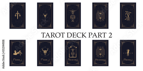 Magical tarot cards deck set. Spiritual moon and celestial eye symbols. Vector illustration. Astrology or sacred geometry poster design. Magic occult pattern, esoteric boho style.