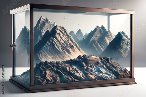 photorealistic snowy mountain in a sci-fi knolling case - AI Generated