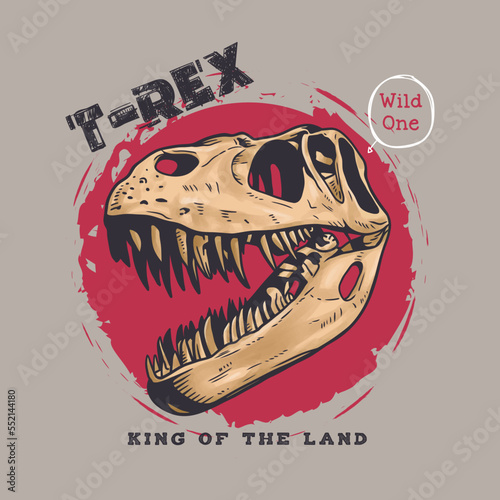 Dinosaur head skeleton, Tyrannosaurus fossil skull hand drawn vector illustration