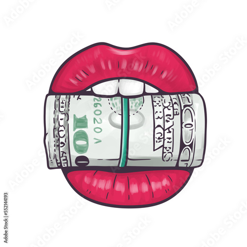Sexy red lips biting a roll of money. Vector cartoon illustration